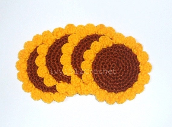 Set of 6 Sunflower Crochet Coasters - Finished Handmade Beverage Kitchen Home Decor Housewares Coasters or Potholders