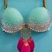 Green Jeweled Push Up Bra with Pink and Gold Feather Pendant - size 34B