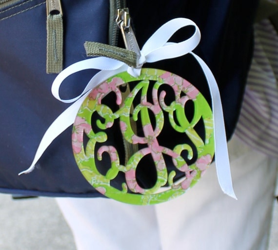 Beautiful sturdy personalized acryllic luggage tag made with Lilly Pulitzer prints in a 3 letter monogram.
