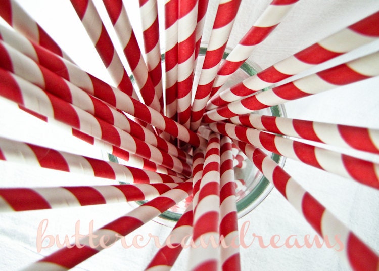 Striped Paper Drinking Straws (25) - Classic CHERRY RED