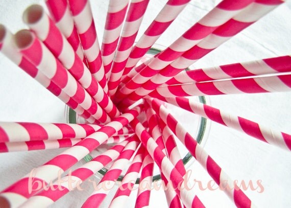 Striped Paper Drinking Straws (25) - HOT PINK - Includes Free Printable Straw Flags Il_570xn