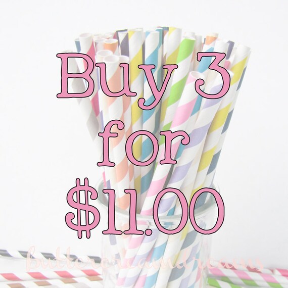 Striped Paper Drinking Straws - BUY 3 - ANY COLORS - 3 Packs of 25 - Includes Free Printable Straw Flags Il_570xn