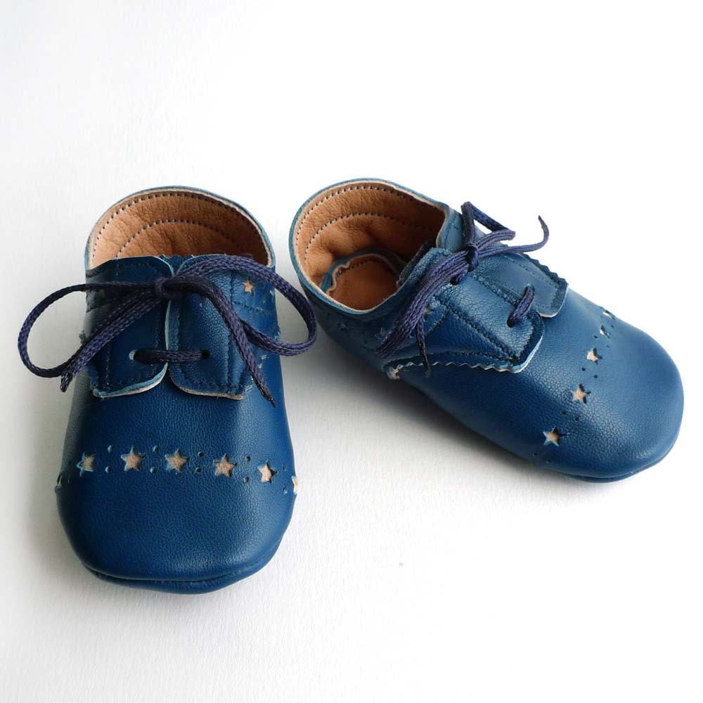 Leather Baby Boy Shoes - Blue brogued dress crib shoes
