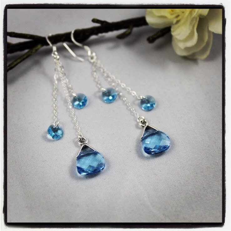 Aquamarine (Blue) Swarovski Crystal Earrings, Sterling Silver, Long Chain, Dangle, Briolette, Rivoli Drop, Bridal/Wedding Jewellery