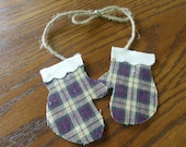 Farmhouse Country Primitive Rustic Burgandy Homespun Mitten Ornies Jute Bow Christmas Ornament Gift