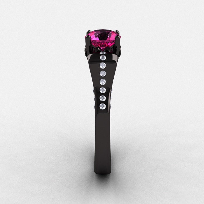 14K Black Gold Pink Sapphire Diamond Wedding Ring, Engagement Ring NN101-14KBGDPS