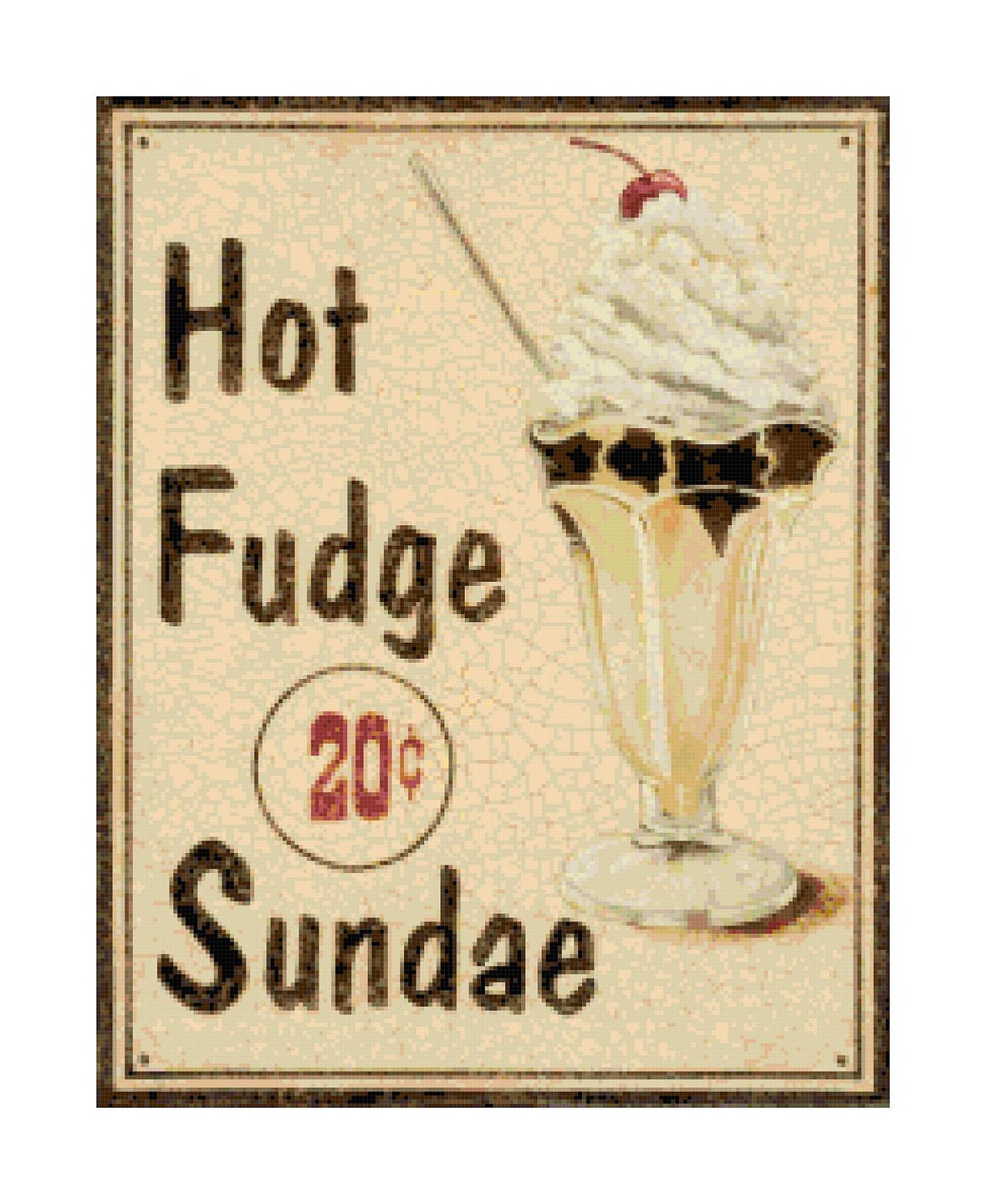 Handmade Vintage Hot Fudge Sundae Sign PDF Cross-Stitch Pattern Chart