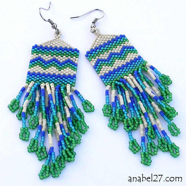 Seed bead earrings - dangle long earrings, boho style, summer jewelry, green, blue, turquoise