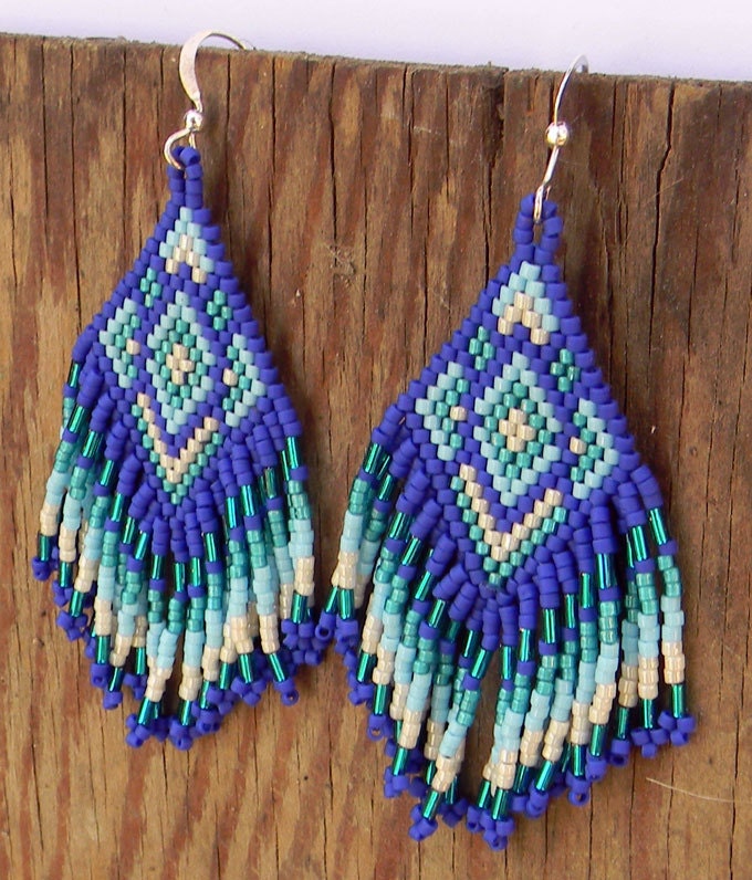 Dark blue and emerald seed bead earrings - Native American style, boho style, dangle long earrings, peyote earrings