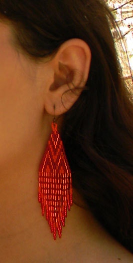 Red and orange long seed bead earrings with fringe  - boho style, tribal jewelry, peyote chandelier earrings