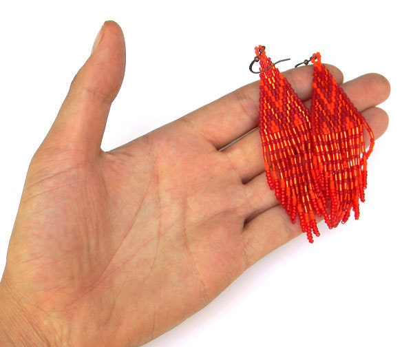 Red and orange long seed bead earrings with fringe  - boho style, tribal jewelry, peyote chandelier earrings