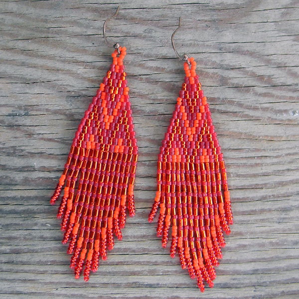 Red and orange long seed bead earrings with fringe  - boho style, tribal jewelry, peyote chandelier earrings