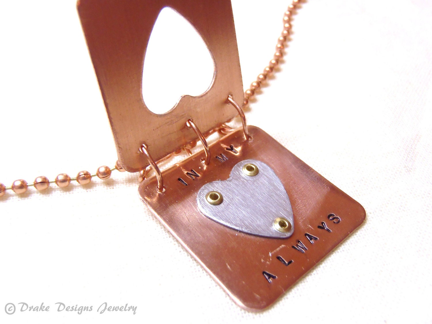 Hidden Message... Always in My Heart ... Solid Copper & Aluminum Book of Love Pendant on Solid Copper Ball Chain - drakedesignsjewelry
