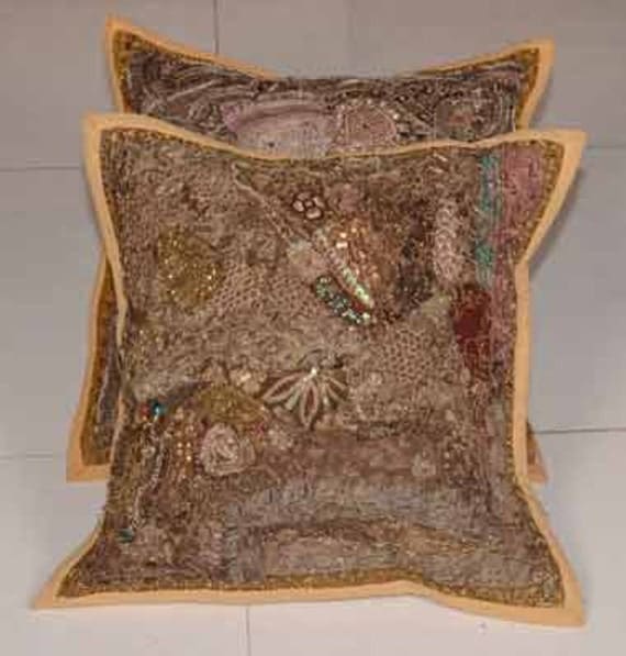 indian 2 pcs cushion cover throw pillow beads work decorative art