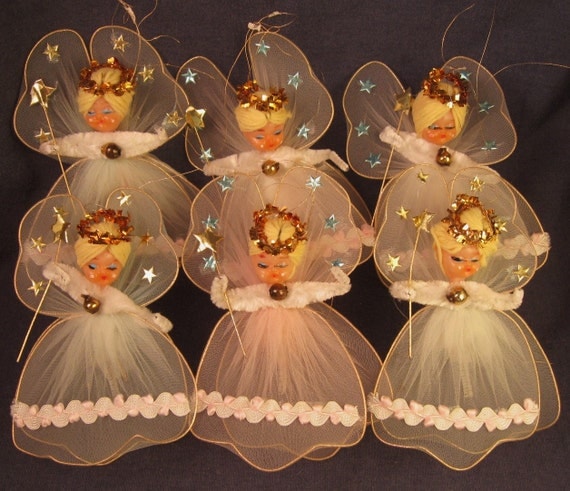 Vintage Tulle Angels Christmas Ornaments Chenille - Set of 6