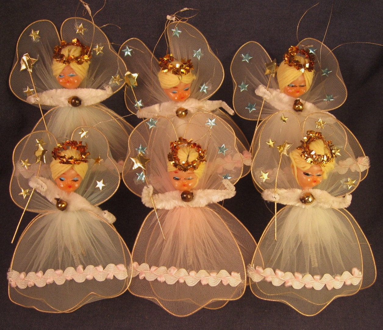 Vintage Tulle Angels Christmas Ornaments Chenille - Set of 6