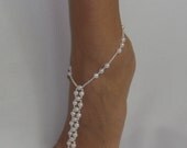 Beach wedding pair of weaved white pearl Barefoot Sandals can be made with Ivory pearls