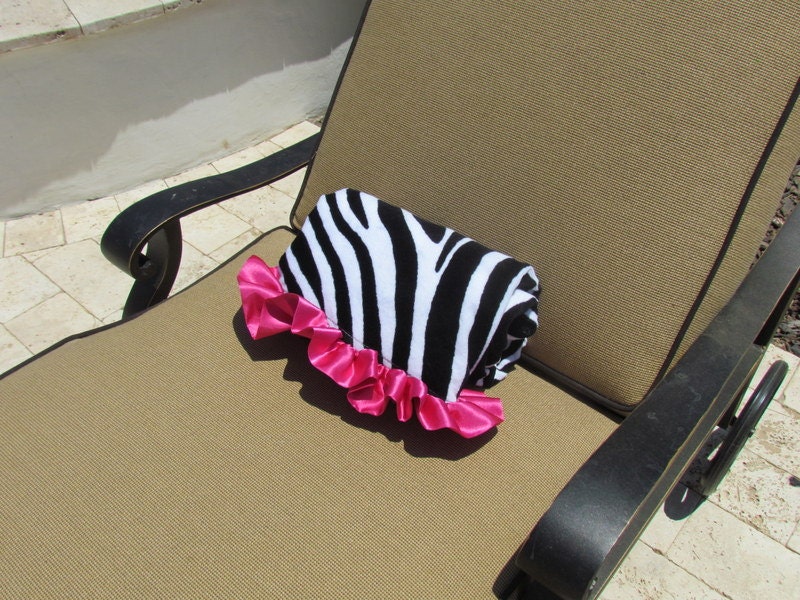 Zebra print beach towel with hot pink satin Ruffle