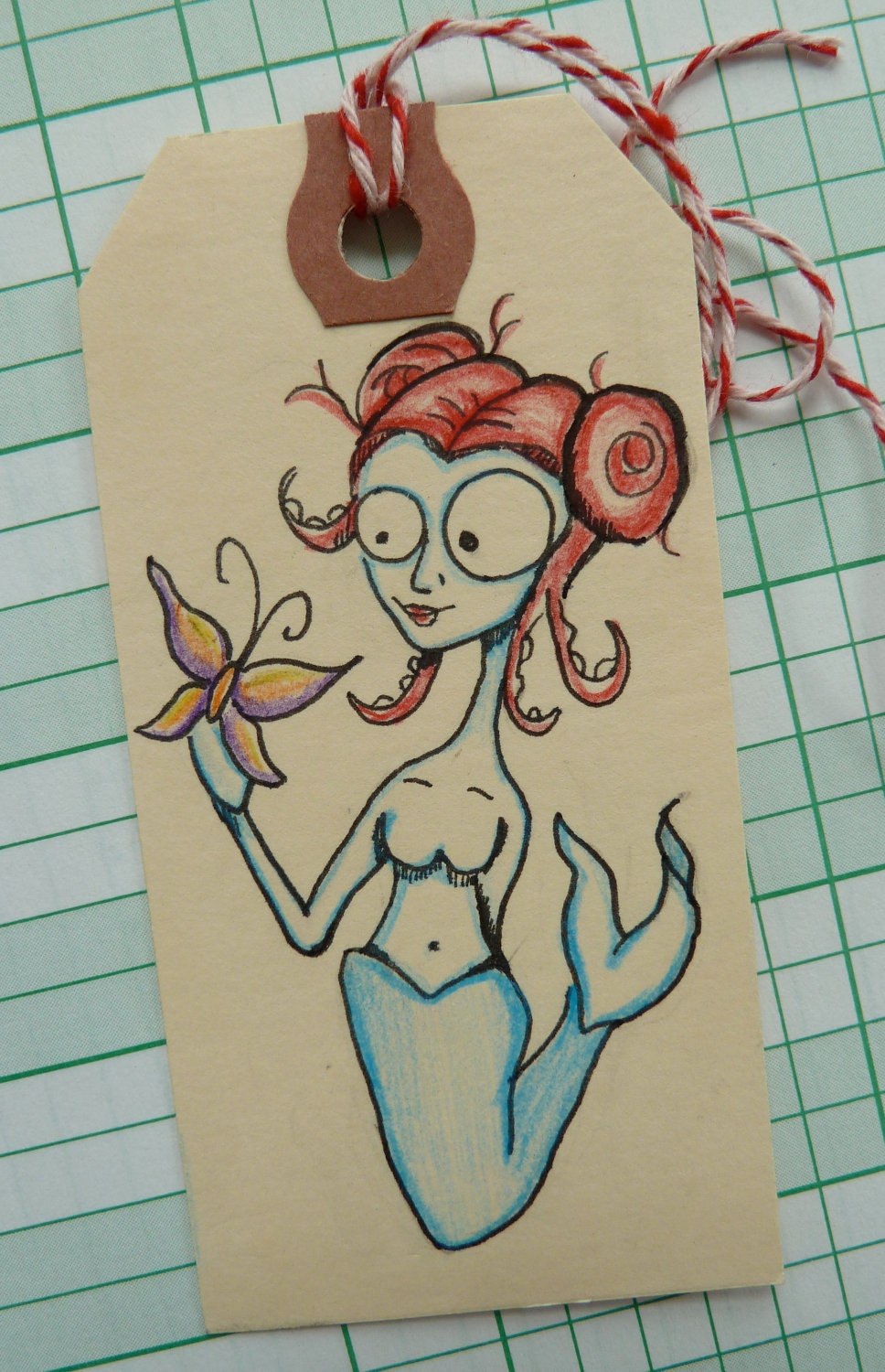 Blue Mermaid Art Tag, 1.875  x 3.75" - original artwork by Heather Rigney