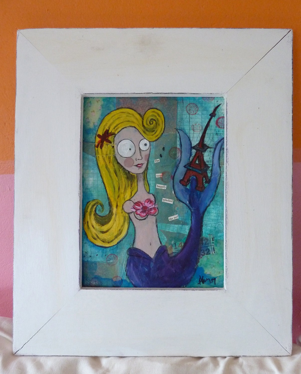 The Torso Happily Splashed the Surf, 16.5 x 19.5"  - original framed mixed media artwork by Heather Rigney