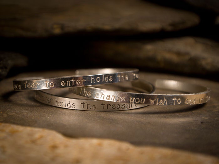 One Hand Stamped Personalized Recycled Sterling Silver Custom Mantra Cuff Bracelet