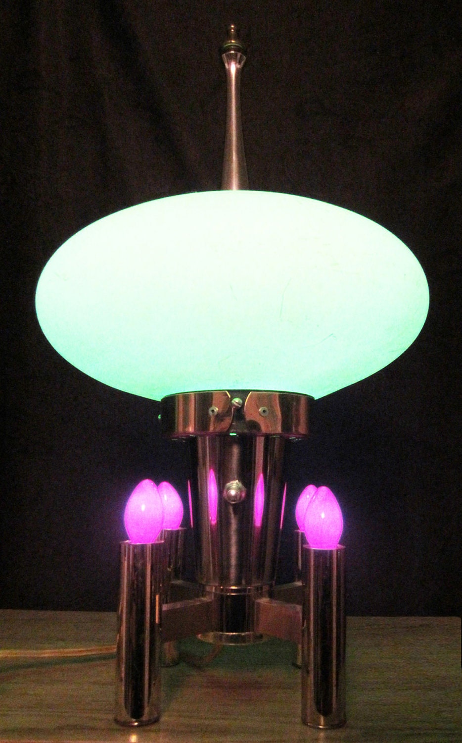 Homemade upcycled brass glass globe UFO lamp for beautiful mood lighting.
