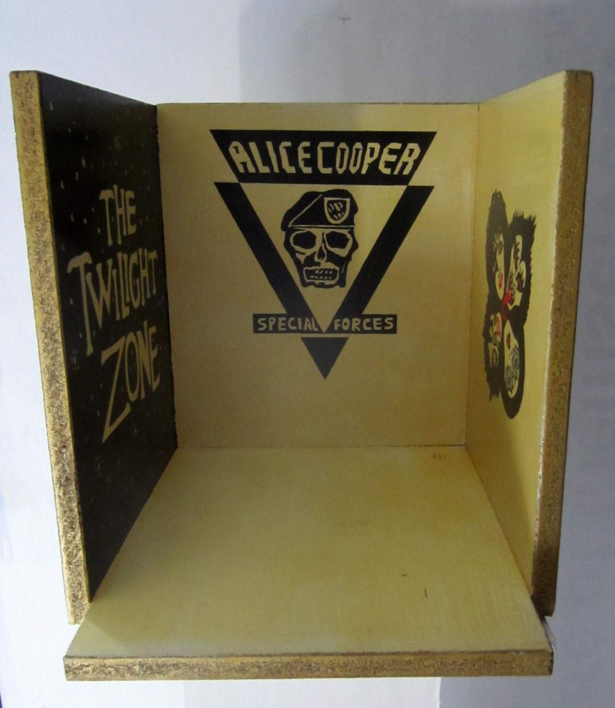 Homemade wood record/vinyl holder painted with Alice Cooper, Pink Floyd (Dark Side of Moon), The Who, KISS, Twilight Zone