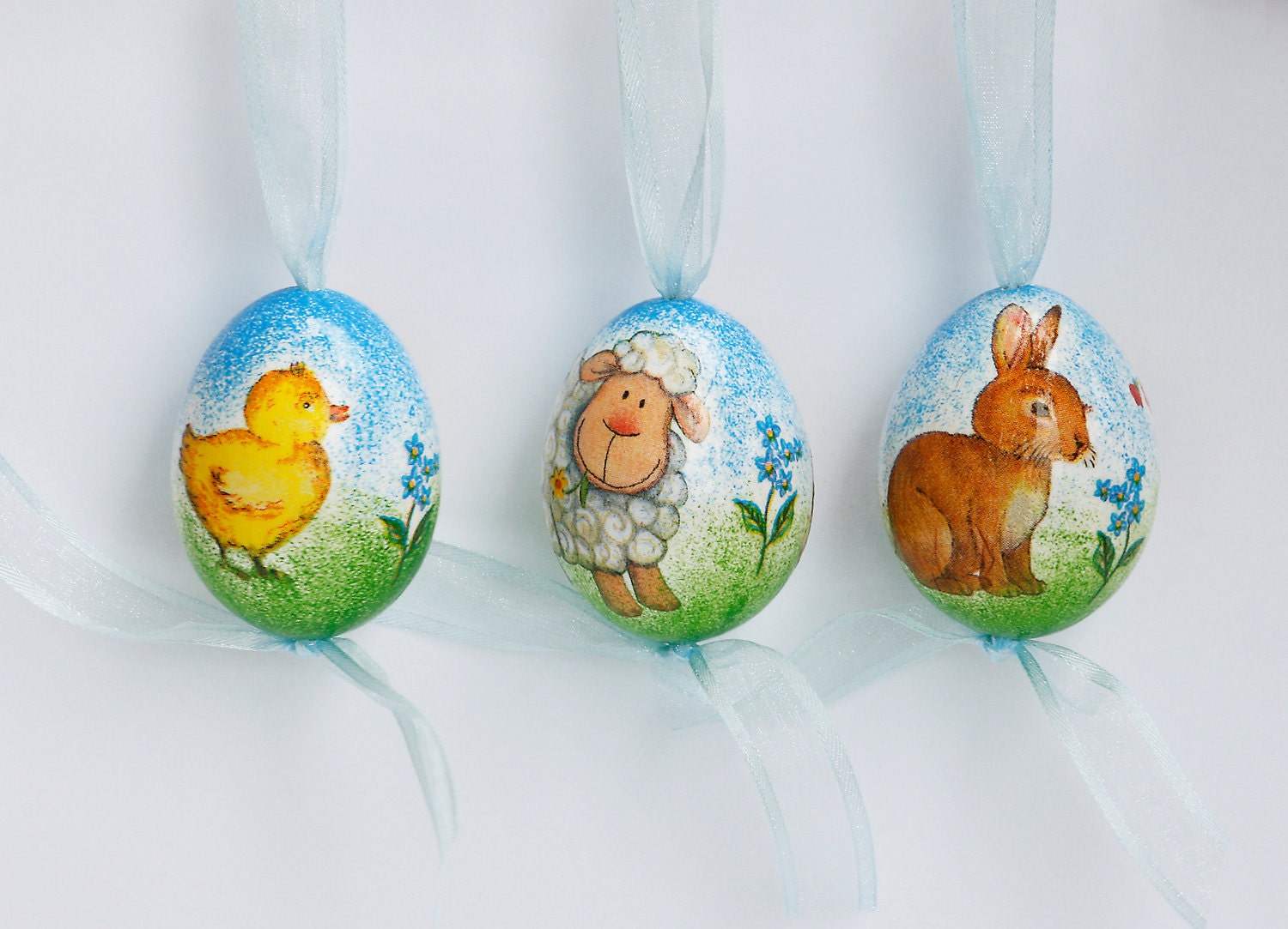 SALE 20% Set of 3 Handmade Decoupage Eggs Decorated with Sheep, Bunny Rabbit and Chicken