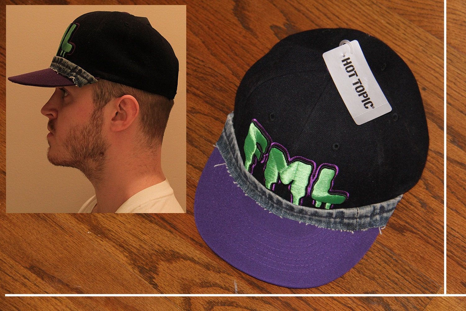 FML Hat (HOT TOPIC) with Levi's Denim Trim Attached Around Front (Exceptionally Relevant and Wearable) Great Slimepunk Gift / Unique