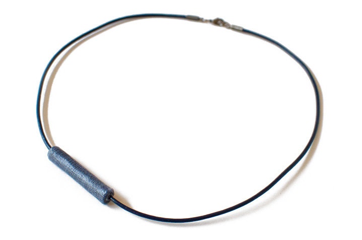 Navy Leather Cord Necklace with Grey Crosshatch Fabric Bead