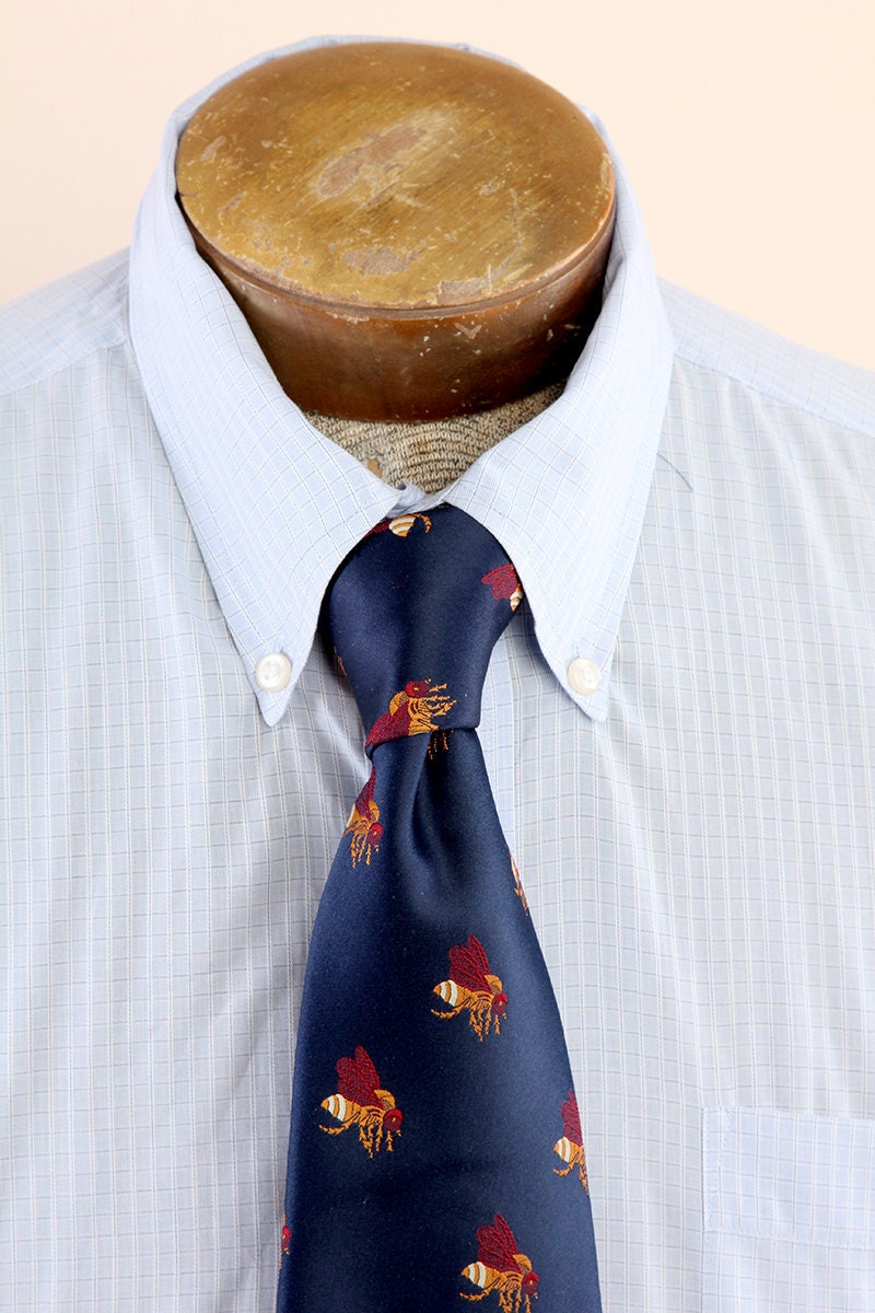 Vintage 1980s Navy Bee Hornet Fly Wasp Insect Necktie by Bronzini