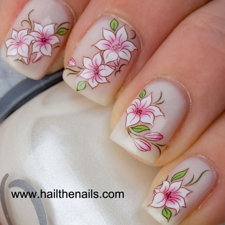 Pink & White Lotus Flower Nail Art Water Transfer Decal Wedding Nails
