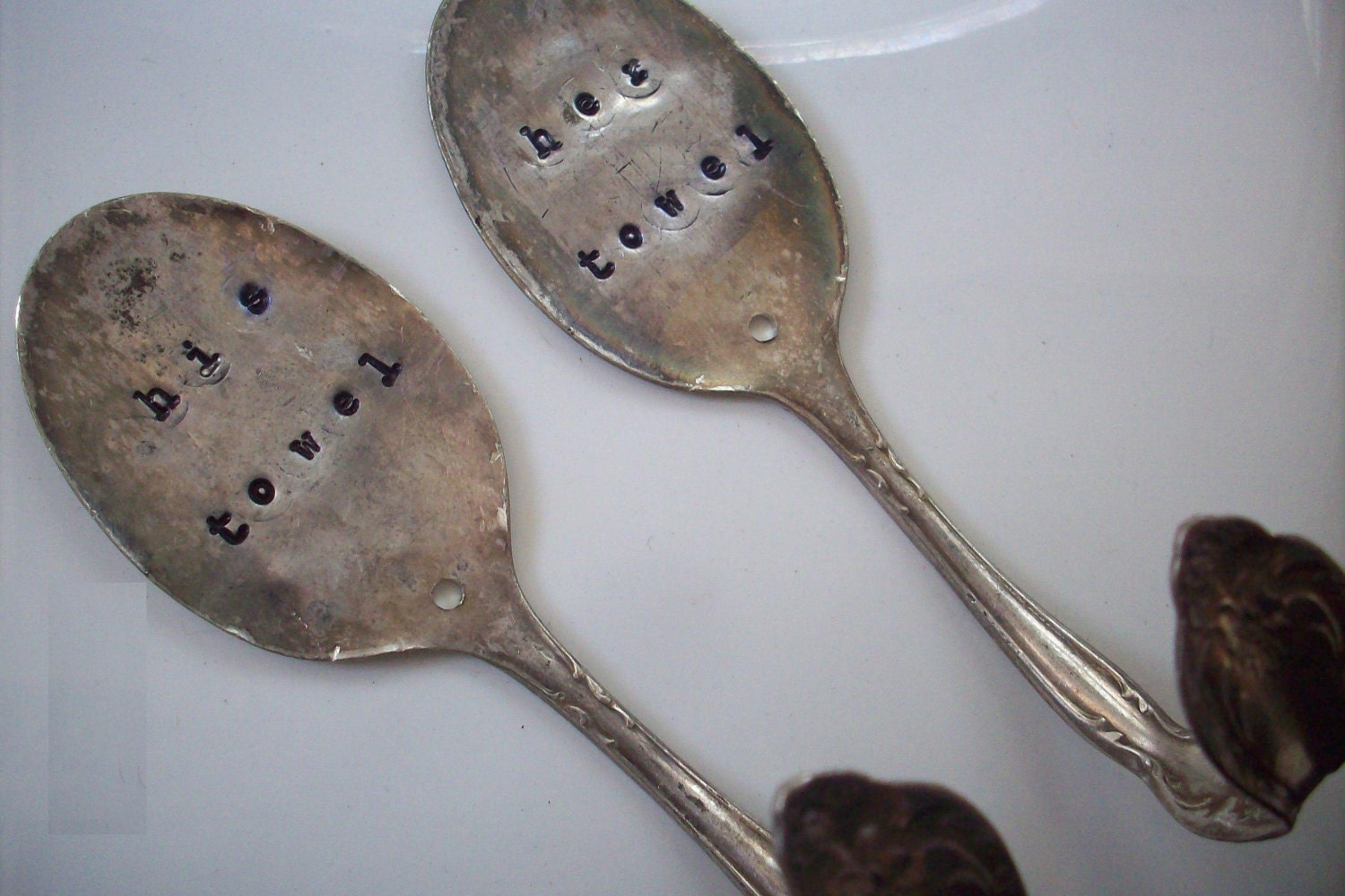 Custom Hand Stamped Towel hooks "His & Hers" Flattened spoon hooks