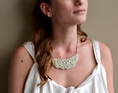 White and Mint Green, Lovely Pearl encrusted Hand Embroidered Necklace - Evelyn