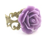 Purple Rose Ring - Vintage Style Flower Ring - Antique Bronze Filigree Ring - Wedding Jewellery and Everyday Wear- Gift Bag Included