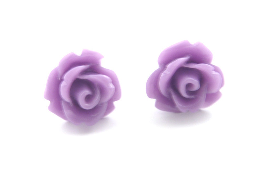 Purple Rose Earrings, Flower Jewelry, Cabochon, Teen Jewelry, Stud Earrings, Bridesmaids Wedding Gift, 10mm