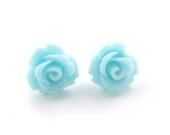 Light Turquoise Rose Earrings, Flower Jewelry, Cabochon, Teen Jewelry, Stud Earrings, Bridesmaids Wedding Gift, 10mm