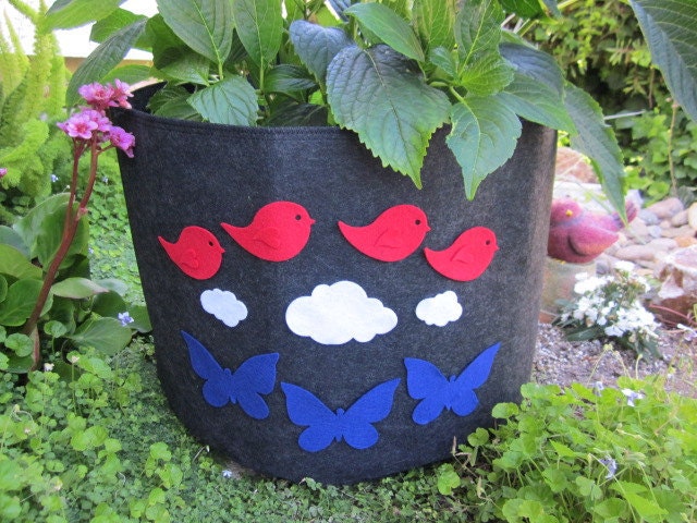20 gal. Eco Fabric Garden Grow Pot Custom Decorated with Felt Birds, Clouds & Butterflies