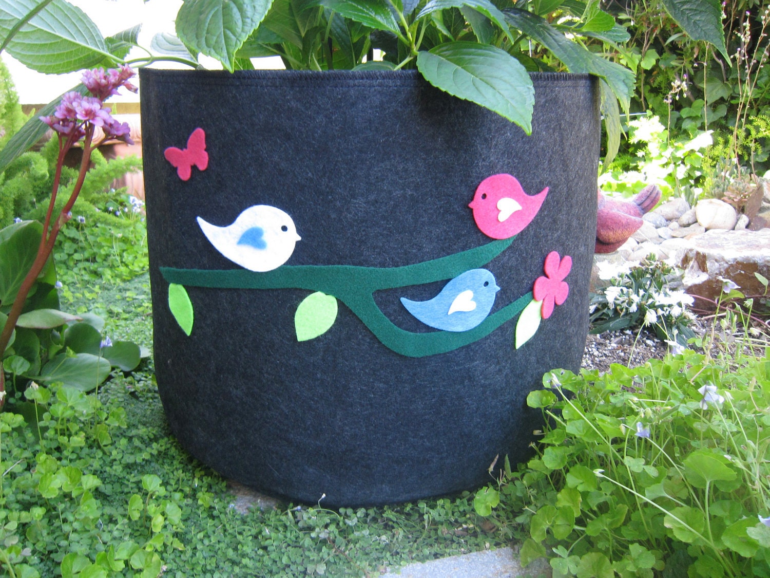20 gal. Eco Fabric Garden Grow Pot Custom Decorated with Felt Birds on a Branch