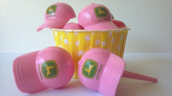 Pink John Deere tractor hat cap cupcake picks cake toppers, for a special country girl or wedding, farmers or farm chicks wanted