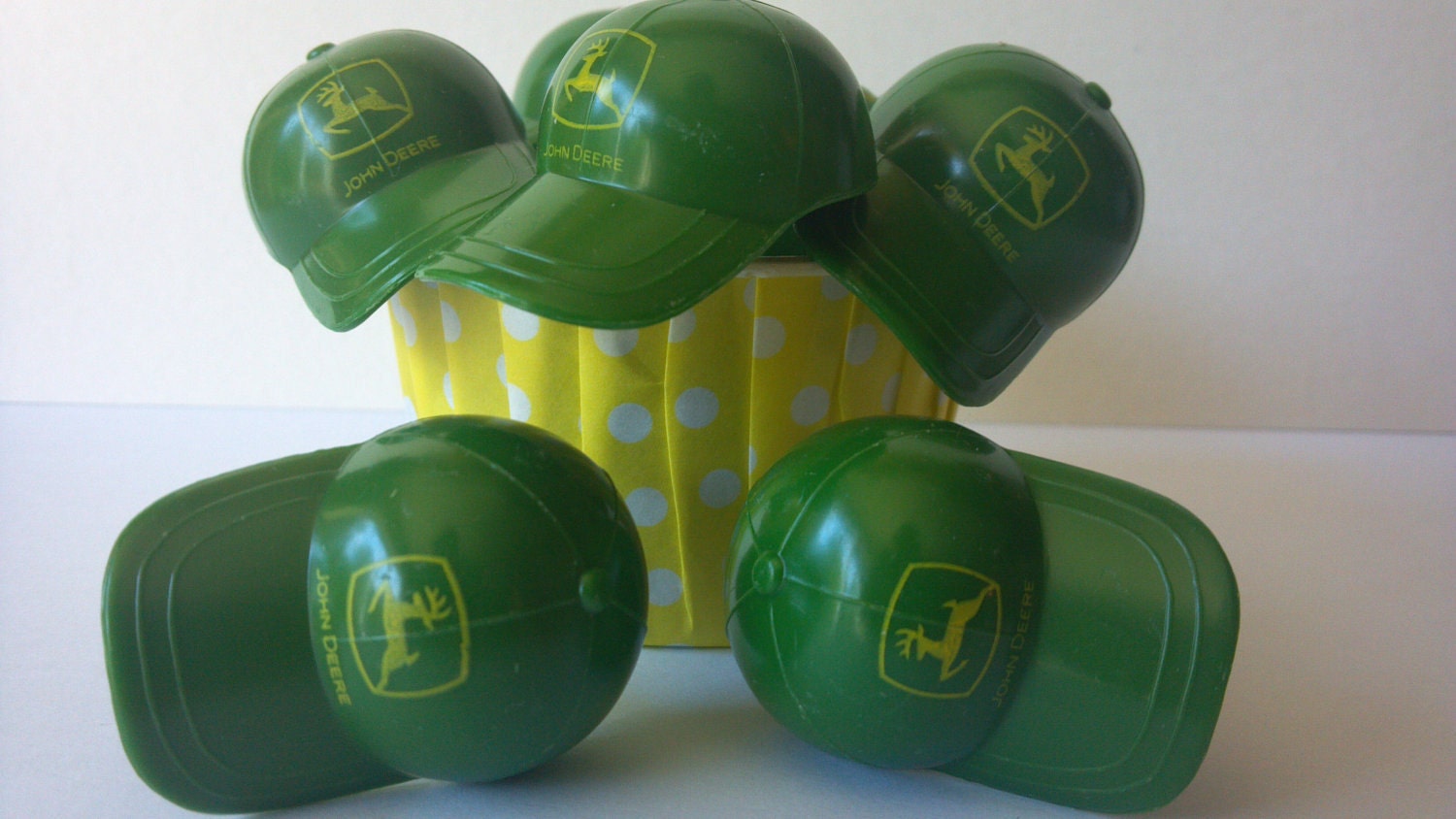 Green John Deere tractor hat cap cupcake picks cake toppers, for a country boy or wedding, western birthday party for hard-working farmers