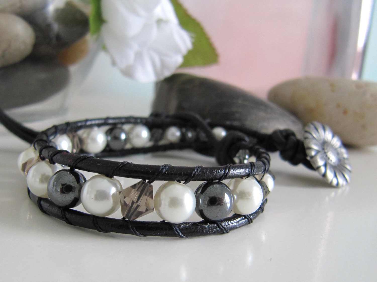 Pearl and Crystal Leather Wrap Bracelet