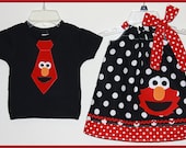 Super Cute Brother Sister Twin Set Applique Black and White Elmo Dress and Tie tee