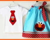 Super Cute Brother Sister Twin Set Applique Aqua  Elmo Dress and Tie tee