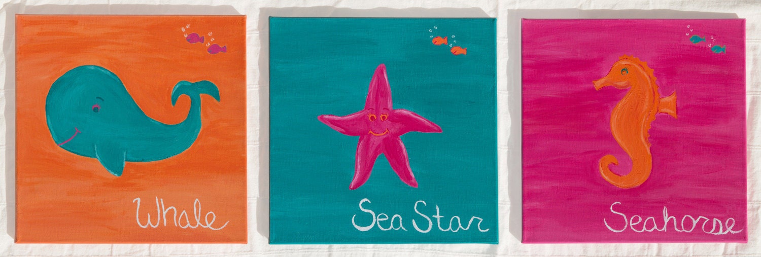 Sea Creatures, whale/sea star/seahorse set of three 12x12 on acrylic on canvas