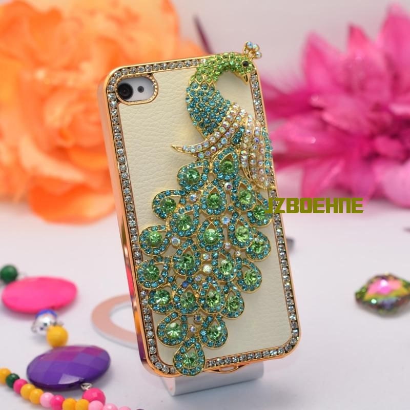 iPhone Case, Handmade iPhone 4 Case, iPhone 4 Cover, iPhone 4S Case, Bling Case, Rhinestone Swarovski Crystal Peacock with White PU Leather