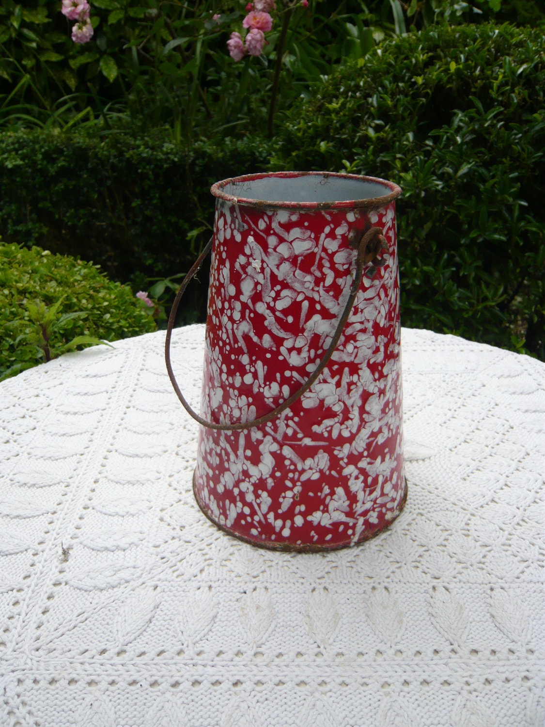antique french country red and white enamel milk can
