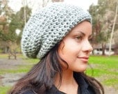 Slouchy beanie hat - PEARL GRAY - chunky - crochet - womens Winter Autumn accessories - grey Wool Woolen