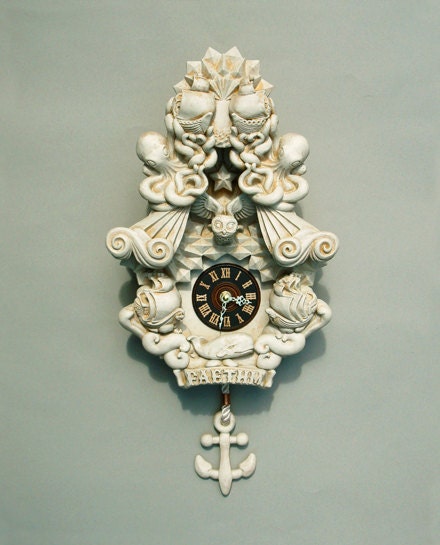 Faethm Cuckoo Clock wall decor sculpture anchor, ships, whale, owl, octopus in Buttermilk by Marisol Spoon