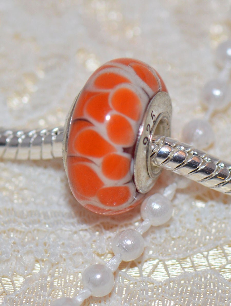 Orange Lotus Flower Authentic Handmade Murano Glass Bead Sterling Silver Core .925 For European Style Bracelets